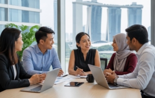 A Singapore office meeting with diverse team members around a conference table, showing collaboration