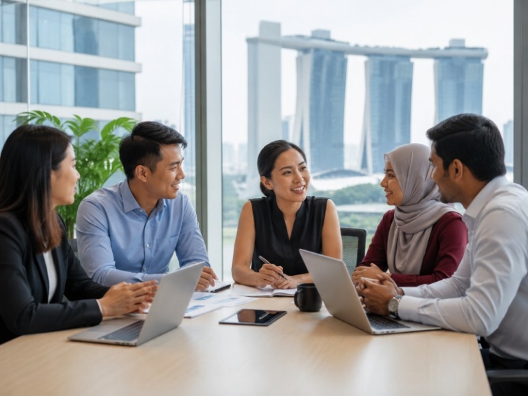 Illustration of colleagues in a meeting with the Singapore skyline behind them