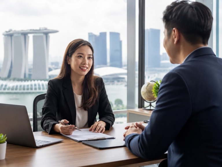 A professional meeting between an HR manager and a recruitment consultant in an office, with Singapore skyline visible t