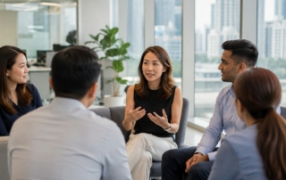 An HR manager speaking to a small group of diverse employees in a modern Singapore office