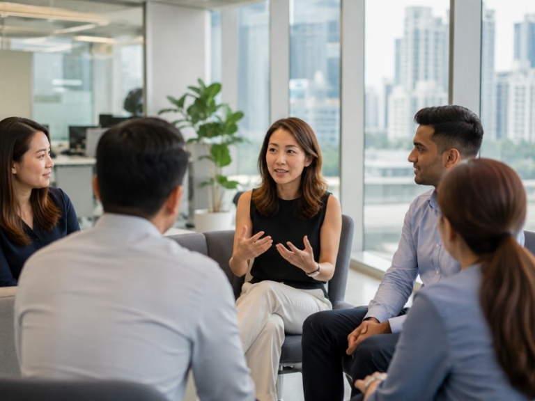 An HR manager speaking to a small group of diverse employees in a modern Singapore office