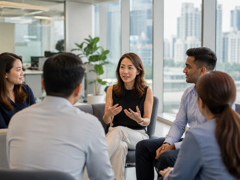 An HR manager speaking to a small group of diverse employees in a modern Singapore office
