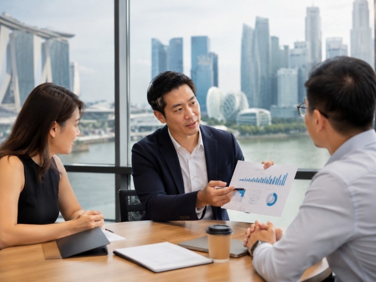 A professional recruiter discussing market data with HR managers, Singapore skyline in the background (800x600).