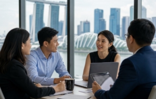 Professional office scene with diverse high-performing employees in discussion, Singapore skyline visible through window