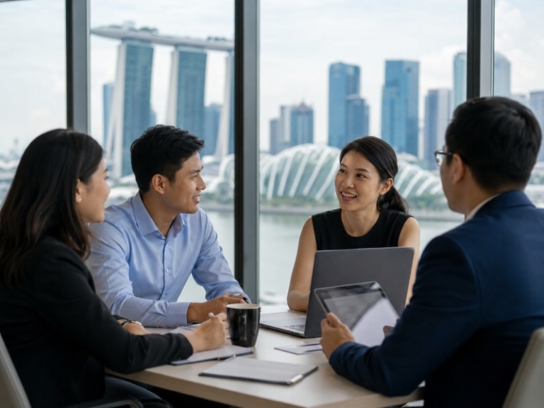 Professional office scene with diverse high-performing employees in discussion, Singapore skyline visible through window