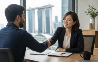 A professional Singapore office scene showing a diverse mid-career professional shaking hands with HR manager