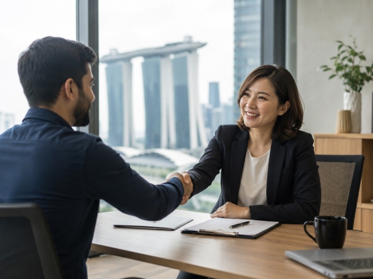 A professional Singapore office scene showing a diverse mid-career professional shaking hands with HR manager