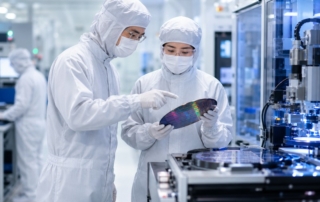 A modern semiconductor cleanroom with engineers in coveralls collaborating beside advanced wafer fab equipment