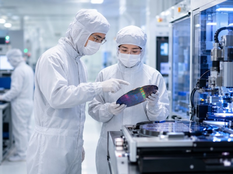 A modern semiconductor cleanroom with engineers in coveralls collaborating beside advanced wafer fab equipment