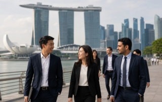 Modern skyline of Singapore with diverse professionals walking near Marina Bay Sands to depict global talent and