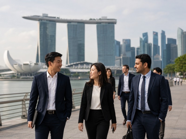 Modern skyline of Singapore with diverse professionals walking near Marina Bay Sands to depict global talent and