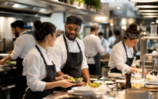 An open-plan restaurant kitchen during a busy service with staff in different shifts coordinating, showing diversity of roles and ro
