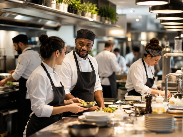 An open-plan restaurant kitchen during a busy service with staff in different shifts coordinating, showing diversity of roles and ro