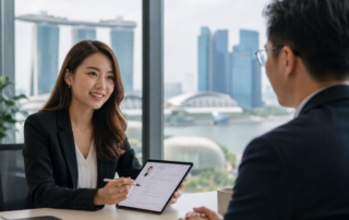 A professional hiring scene in an office with a recruiter reviewing a candidate's CV on a tablet, with subtle Singapore skyline