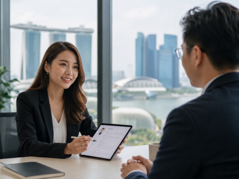 A professional hiring scene in an office with a recruiter reviewing a candidate's CV on a tablet, with subtle Singapore skyline