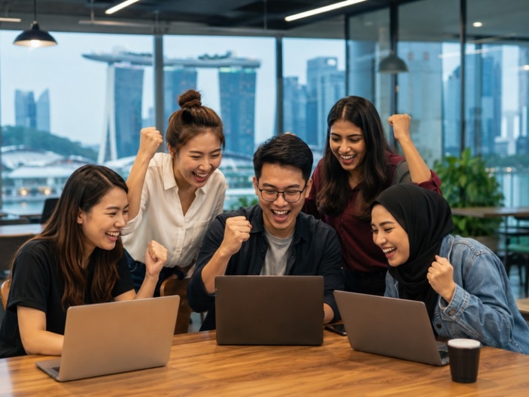 An 800x600 image of a diverse group of bootcamp graduates celebrating with laptops in a modern Singapore co-working spac