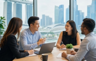 A professional Singapore office scene showing diverse employees discussing flexible leave policy around a meeting table,