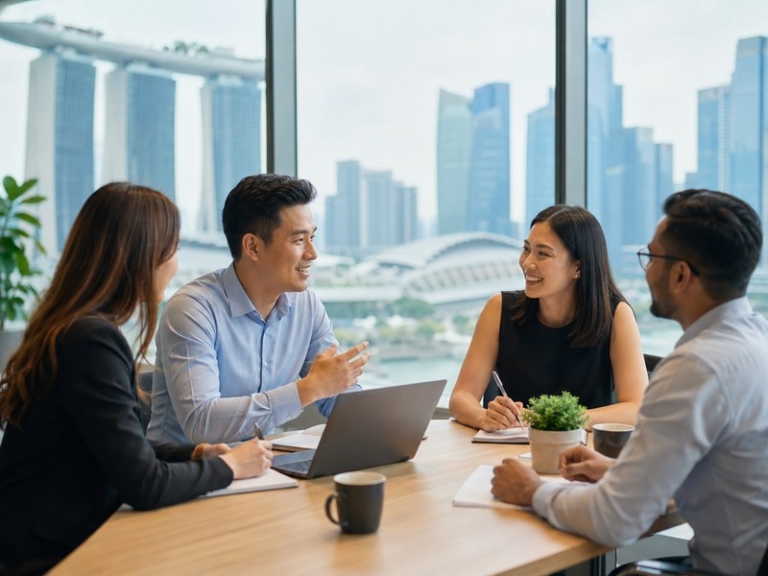 A professional Singapore office scene showing diverse employees discussing flexible leave policy around a meeting table,