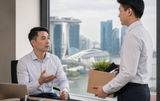 A professional office scene showing a manager in discussion with a departing employee, with subtle Singapore skyline in