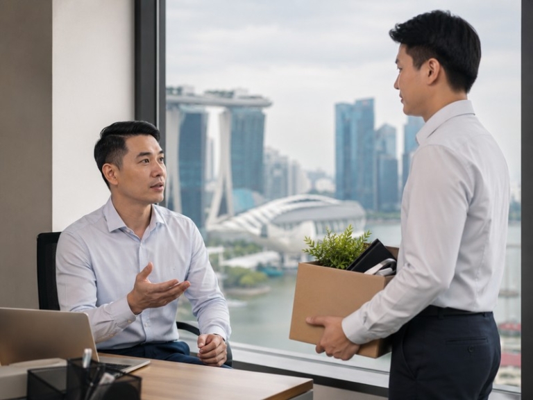 A professional office scene showing a manager in discussion with a departing employee, with subtle Singapore skyline in