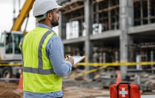 High-resolution photograph of a workplace safety officer inspecting a construction site with caution tape and first-aid kit visible