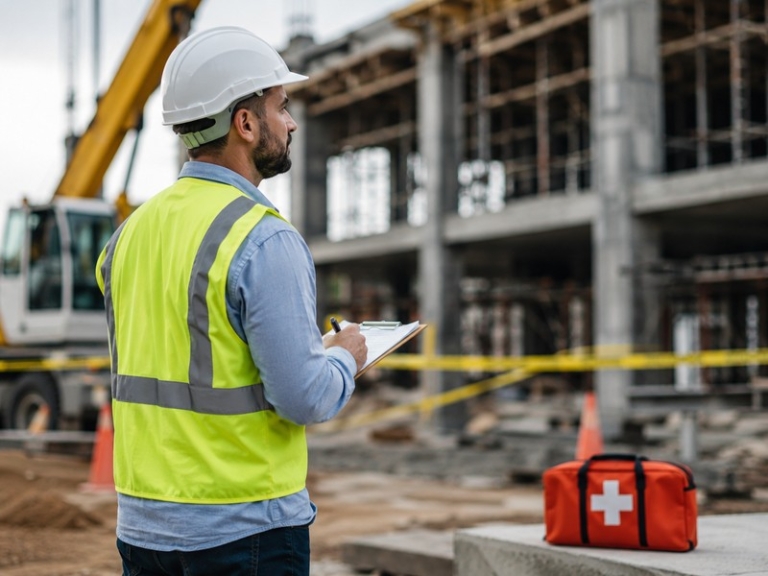 High-resolution photograph of a workplace safety officer inspecting a construction site with caution tape and first-aid kit visible