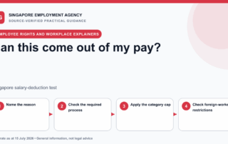 Decision graphic showing four checks for a salary deduction in Singapore: reason, process, cap and foreign-worker rules.