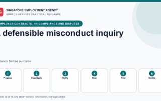 Six-stage Singapore employee misconduct inquiry workflow from evidence preservation to disciplinary decision.