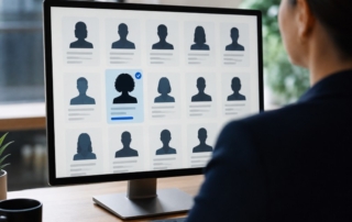 A diverse group of silhouetted candidate profiles on a computer screen with one CV highlighted