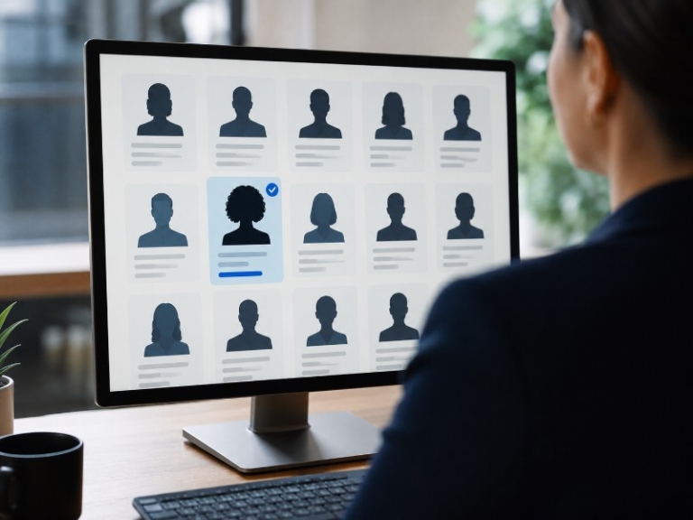 A diverse group of silhouetted candidate profiles on a computer screen with one CV highlighted
