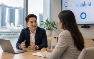 A modern Singapore office scene with a manager and employee in a one-to-one feedback session