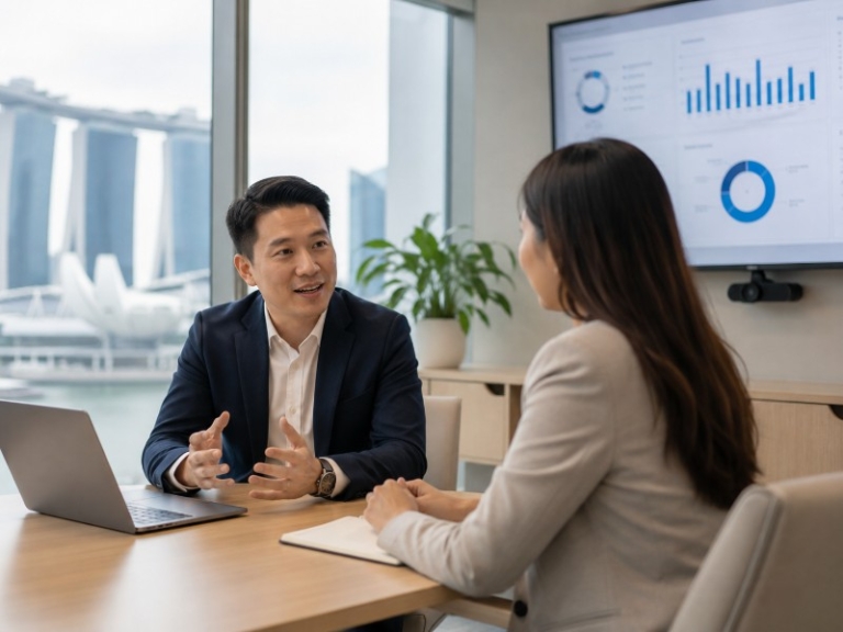 A modern Singapore office scene with a manager and employee in a one-to-one feedback session