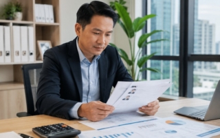 Singapore SME office manager reviewing resumes with calculator and cost charts