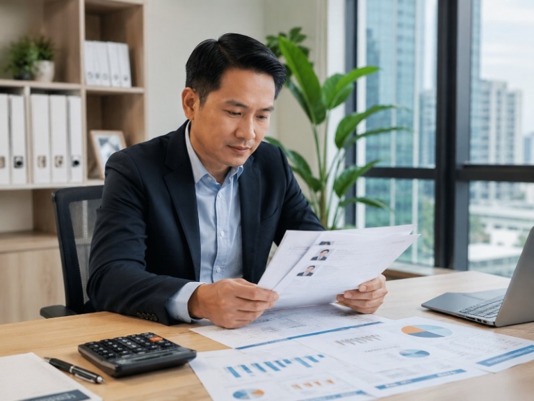 Singapore SME office manager reviewing resumes with calculator and cost charts