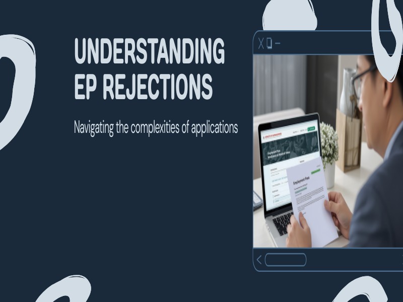 A professional office scene showing an HR manager reviewing an Employment Pass rejection letter with a laptop open to th