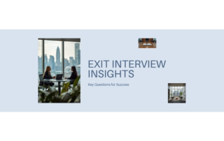 A professional HR manager conducting an exit interview in a Singapore office environment with skyline visible through th