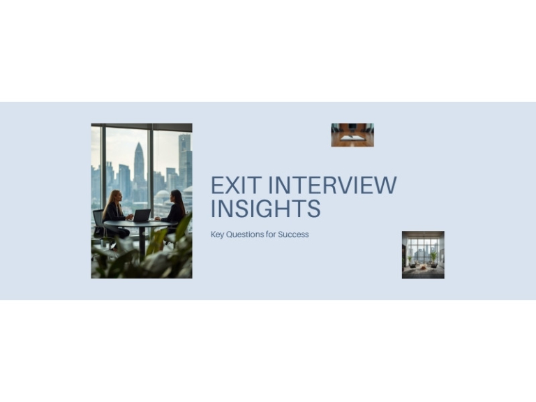 A professional HR manager conducting an exit interview in a Singapore office environment with skyline visible through th