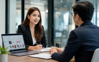 A professional shot of a recruiter interviewing a candidate with e-commerce platform logos subtly visible on a laptop screen