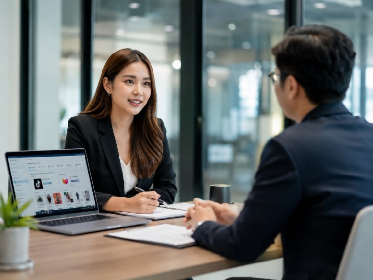 A professional shot of a recruiter interviewing a candidate with e-commerce platform logos subtly visible on a laptop screen