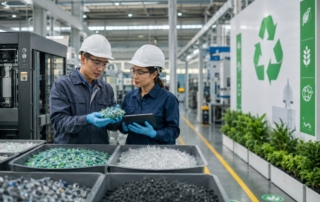 Photograph of a modern Singapore factory floor with sustainability signage and engineers examining