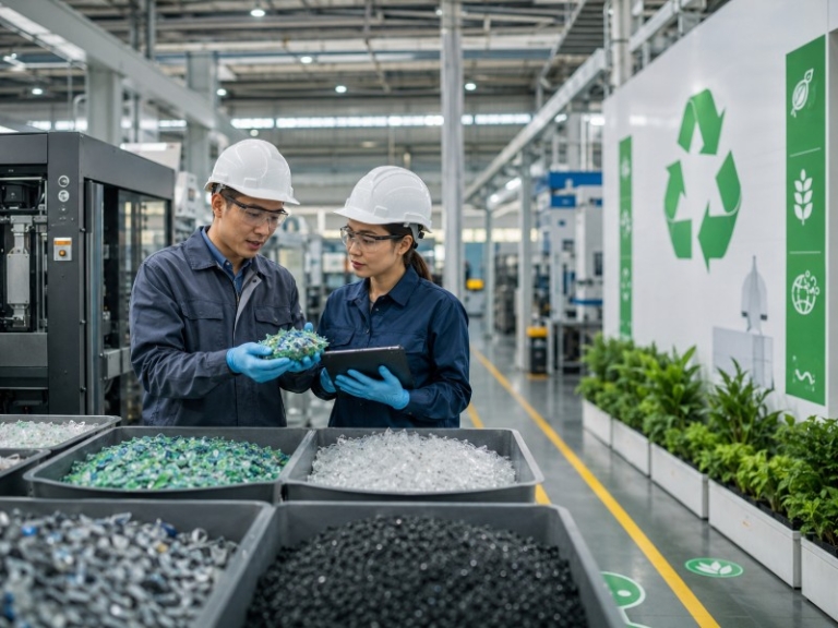 Photograph of a modern Singapore factory floor with sustainability signage and engineers examining