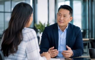 Calm office meeting with manager and employee having a one-on-one discussion conveying trust