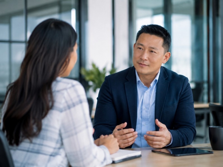 Calm office meeting with manager and employee having a one-on-one discussion conveying trust