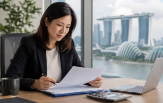 An HR manager reviewing corporate medical insurance documents and a calculator on a desk