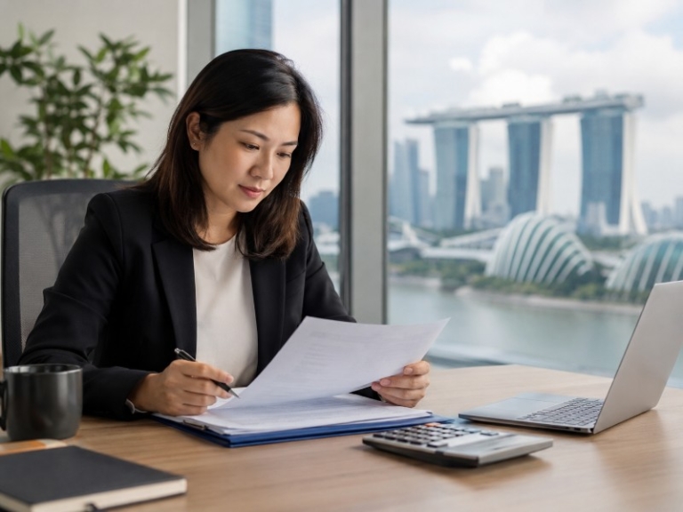 An HR manager reviewing corporate medical insurance documents and a calculator on a desk