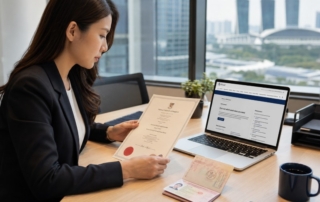 HR manager reviewing a degree certificate and passport at a desk with a laptop displaying MOM guidance