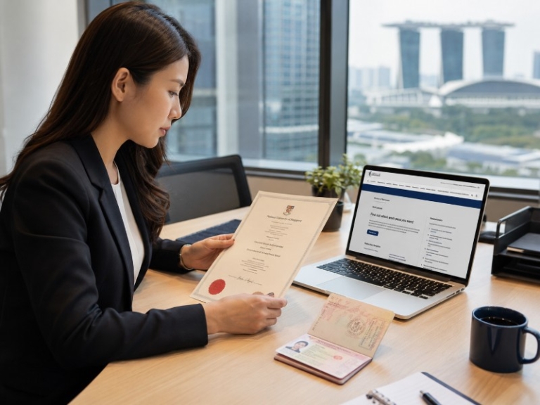 HR manager reviewing a degree certificate and passport at a desk with a laptop displaying MOM guidance