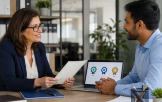 An HR manager and a foreign candidate discussing certificates and a laptop showing digital badges; office backdrop