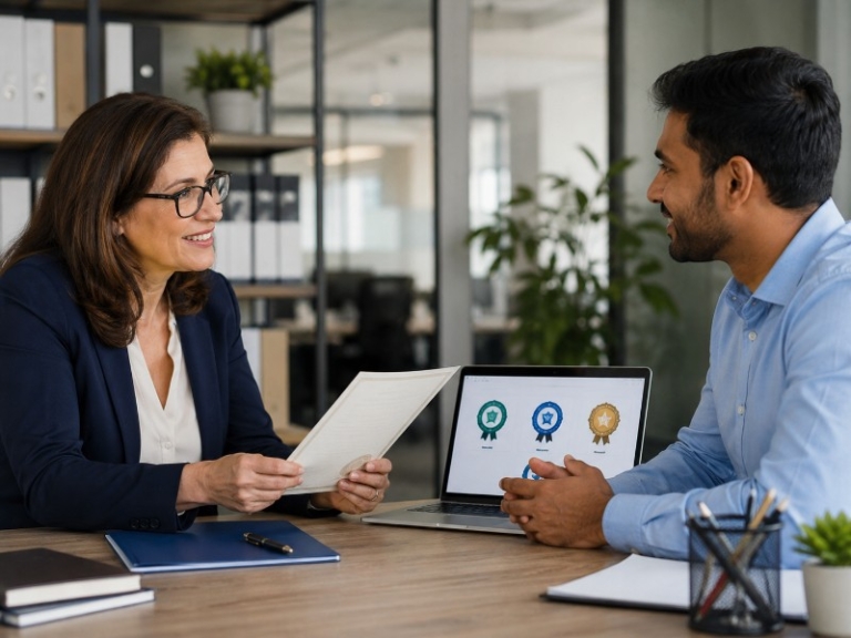 An HR manager and a foreign candidate discussing certificates and a laptop showing digital badges; office backdrop