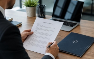 Photo of a business person reviewing a written employment contract on a desk with a laptop and branded folder